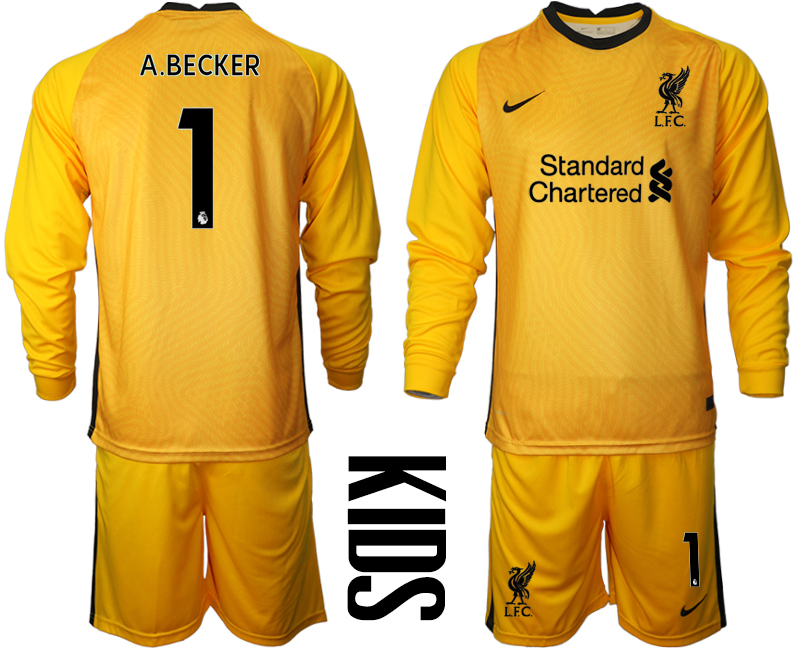 2021 Liverpool yellow goalkeeper Youth long sleeve #1 soccer jerseys